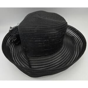 Fancy Black Bucket Hat with Alternating Dark and Translucent Stripes with Bow